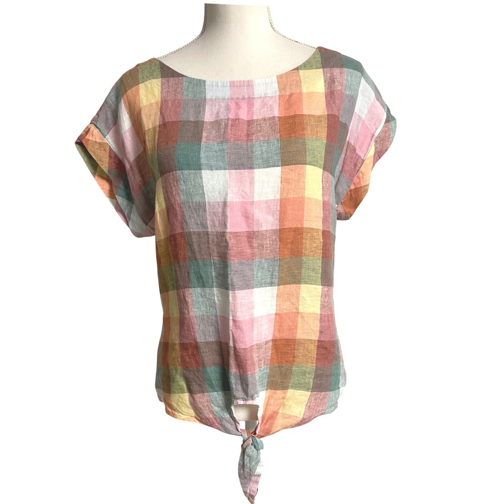 LL Bean Signature Linen Multicolor Pastel Check Tie Front Blouse Women's Small